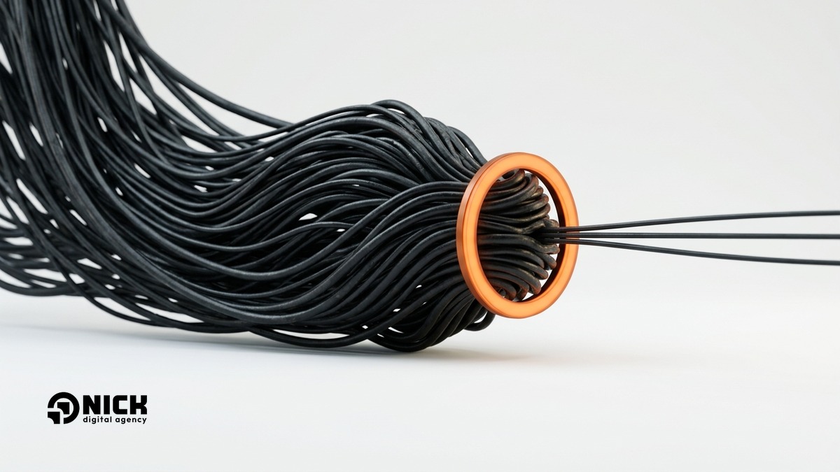 Schwarze Kabel zwängen sich durch einen orangen Ring, durch den nur drei hindurchgehen
