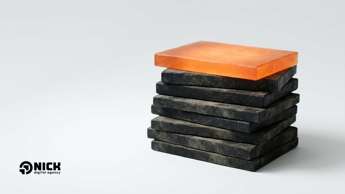 Ein Stapel dunkler Steinplatten, obenauf eine frische leuchtende orange Platte